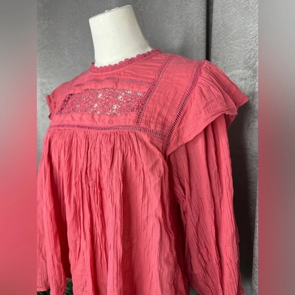 Free People Women’s Boho Flora Ruffle Oversized Crochet Top Salmon Pink Sz M - Picture 6 of 13